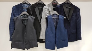 12 X BRAND NEW SUIT BLAZERS AND WAISTCOATS IN VARIOUS SIZES AND COLOURS TO INCLUDE CALVIN KLEIN , RACING GREEN , HUGO BOSS , LIMEHAUS AND TWISTED ETC