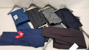 22 X BRAND NEW MENS SUIT TROUSERS IN VARIOUS SIZES AND COLOURS TO INCLUDE HUGO BOSS ,LIMEHAUS, SKOPES AND ALEXANDRE ETC IN LIGHT BROWN , BLUE , BLACK , CHECKERED GREY ETC (SIZES 42 L, 42 R ,40L AND 46 R ETC )