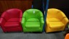 8 X COLOURED TUB CHAIRS IN RED, GRREN, YELLOW, ORANE & PINK