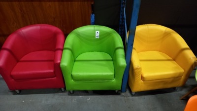 8 X COLOURED TUB CHAIRS IN RED, GRREN, YELLOW, ORANE & PINK