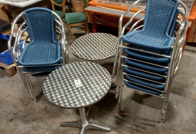 2 X METAL BISTRO TABLES PLUS 10 X METAL / PLASTIC RATAN EFFECT ARMCHAIRS