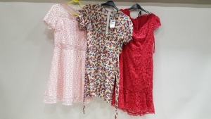 BRAND NEW 29 PIECE MIXED CLOTHING LOT CONTAINING JOHN LEWIS LONG RED DRESS, BLUE JOHN LEWIS FLORAL LONG DRESS, WHITE SAMSOE & SAMSOE BLOUSES, FAITHFUL THE BRAND PINK SPOTTED DRESS AND BRUCE FOREST GREEN VELVET DRESS ETC.