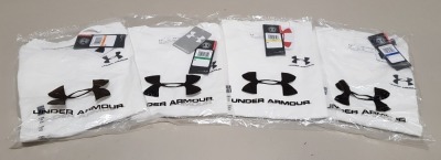 31 X BRAND NEW UNDER ARMOUR WHITE & BLACK KIDS T-SHIRTS IN ASSORTED AGES - 17 X 13YS, 4 X 11-12YRS, 1 X 9-10YRS, 9 X 7-8YRS