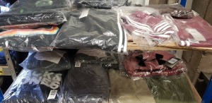 15 PIECE CLOTHING LOT TO INCLUDE XBOX BACKPACK , JACK AND JONES HOODIE , ADIDAS HOODIE , JACK AND JONES JOGGERS , UNDER ARMOUR SPORTS BRA , ADIDAS JOGGERS AND ADIDAS GYM PANTS ETC (IN VARIOUS SIZES) - ON 2 SHELVES