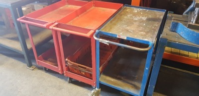 THREE METAL WORKSHOP TROLLEYS WITH UNDERSHELVES