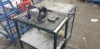 WORKSHOP TROLLEY WITH TITAN TWIN HEAD BENCH GRINDER (BROKEN BRACKETS) ON A STEEL TABLE