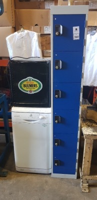 BANK OF SIX LOCKERS (THREE WITH KEYS), AN INDESIT 600MM SLIM LINE DISHWASHER AND A BULMERS BRANDED TABLE TOP FRIDGE