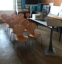 CONTENTS OF THE FIRST FLOOR PRESENTATION ROOM - TO INCLUDE: 12 OFF METAL FRAMED WOODEN MEETING CHAIRS, GREY METAL FRAMED TABLE, LECTURN, MICROWAVE, DESK-TOP FAN AND DGM MONITOR ON STAND - ** ITEMS TO BE COLLECTED FROM SWINTON **