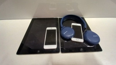 5 PIECE SPARES LOT CONTAINING - 2 X APPLE IPADS - SONY HEADPHONES - 2 X APPLE IPHONES PLEASE NOTE ALL FOR SPARES