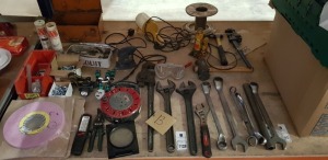 MISC LOT TO CONTAIN VARIOUS AND TOOLS IE SPANNERS , WRENCHES AND GRIPS , SMALL HYDRAULIC JACK , EXTENTION ETC ( ON HALF BAY )