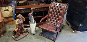 WOODEN CHEST CABINET WITH 6 SHELVES AND 3 DRAWERS , RED LEATHER PADDED CHAIR AND A DOCTOR GNOME ( VERY SLIGHLY DAMAGED )