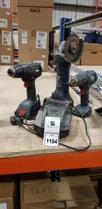 3 PIECE LOT TO INCLUDE 2 X BOSCH COMBI DRILLS AND BOSCH GRINDER ALL COMES WITH ONLY 2 BATTERIES AND 1 CHARGER