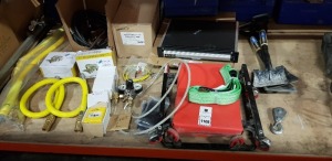 APPROX 20 PIECE MIXED LOT TO INCLUDE GAS SAFETY EQUIPMENT , LARGE CENTRE FEED DISPENSER , MECHANIC ROLLING SKATE , SHOVELS ETC