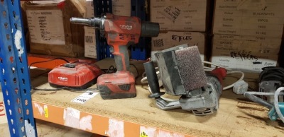 2 PIECE LOT CONTAINING HILTI RT 6-A22 CORDLESS RIVET TOOL WITH BATTERY AND CHARGER , AND BLD PRO METAL POLISHER