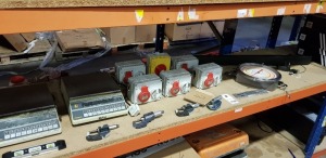 MISC LOT TO CONTAIN SNOWREX COUNTING SCALE , 4 X MICROMETERS , GEWISS INDUSTIAL PLUGS 240V , MARCY DIRECT READING PULP DENSITY SCALE AND SOUNDBAR ETC ( ON FULL SHELF )