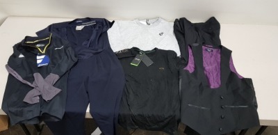 6 PIECE MIXED CLOTHING LOT CONTAINING BABOLAT SPORTS TOP SIZE S, PENGUIN WAISTCOAT SIZE 40L, PENGUIN TROUSERS SIZE 40L, PENGUIN TROUSERS SIZE 34L, TOMMY HILFIGER JUMPSUIT SIZE 10, HUGO BOSS TOP SIZE S, NEWCASTLE UNITED JUMPER SIZE XL