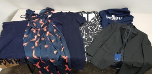 6 PIECE MIXED CLOTHING LOT CONTAINING DOROTHY PERKINS JUMPSUIT SIZE 12, DAMSEL IN A DRESS SIZE 14, ASTON AND GUNN BLAZER SIZE 36R, SUNCOO SHAUL, TARA JARMON DRESS SIZE 40, NFL JUMPER SIZE S