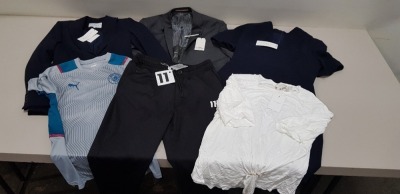 6 PIECE MIXED CLOTHING LOT CONTAINING 11 DEGREES TRACKSUIT BOTTOMS SIZE 14, DAMSEL IN A DRESS JACKET SIZE 8K, TED BAKER TOP SIZE 3, PUMA FOOTBALL TOP SIZE S, DAMSEL IN A DRESS DRESS SIZE 14, BEN SHERMAN BLAZER SIZE 38R