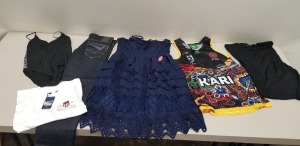 6 PIECE MIXED CLOTHING LOT CONTAINING HUGO BOSS TOP SIZE XXL, CALVIN KLEIN SWIMSUIT SIZE 14, REPLAY JEANS SIZE W30 L30, CHI CHI DRESS SIZE 16, NRL VEST TOP SIZE XL, GANT TOP SIZE 8