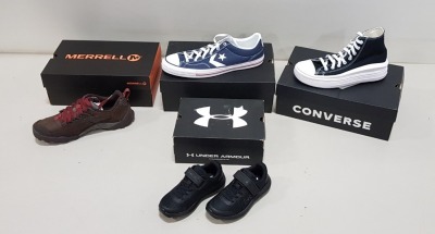 4 PIECE MIXED SHOE LOT CONTAINING 1 X UNDER ARMOUR PS SURGE 2 AC TRAINERS UK SIZE 10.5, 2 X CONVERSE SHOES UK SIZE 8 AND 13 AND 1 X MERREL ANNEX TRAK LOW SHOES