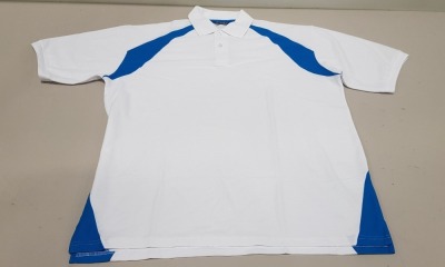 57 X BRAND NEW PAPINI ELITE POLO TOPS IN WHITE/BLUE IN SIZES ( 28 X IN UK XXL) ( 22 X IN UK S ) ( 7 X IN UK XS )