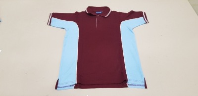 56 X BRAND NEW PAPINI ELITE POLO TOPS IN MAROON IN SIZES ( 24 X IN UK XS) ( 32 X IN UK 3XL)