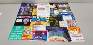 APPROX 63 X VARIOUS RETRO FLYERS AND POSTERS IE DISTORTION 1992, BOUNCY 'THE CLUB HOUSE' 1995, THE BASSLINE 1991, SANCTUARY THE BIRTHDAY BASH 1996, HELTER SKELTER 1997, ACID HOUSE 1991 ETC