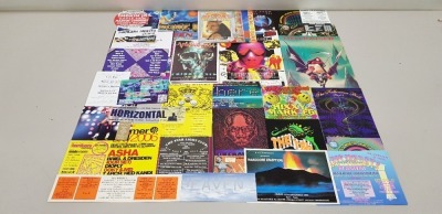 APPROX 43 X VARIOUS RETRO FLYERS AND POSTERS HARD TO THE CORE 1993, THE HOUSE PARTY 1993, HUMANOID, HIGH FREQUENCY 1996, HARLEM NIGHTS 2004, HARDCORE REVOLUTION 2004 ETC