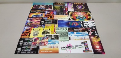 APPROX 45 X VARIOUS RETRO FLYERS AND POSTERS IE PURE X BACK WITH A VENGEANCE 1995, PURE X PART 4 1994, THE TITANIC CHRISTMAS BALL 1998, INNERVISION PRESENTS ANOTHER EDEN 1991, INSEKT 2005, INNOVATE 1ST BIRTHDAY LONDON 2005 ETC