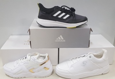 7 PIECE MIXED SHOE LOT CONTAINING 1 X ADIDAS EQ21 RUN DOLD RDY TRAINERS UK SIZE 10, 5 X SIKSILK WHITE TRAINERS UK SIZE 11 AND 1 X SIKSILK WHITE & GOLD TRAINERS UK SIZE 7