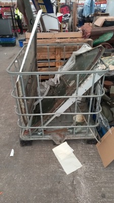 METAL CAGE CONTAINING 2 VARIOUS BONNETS , METAL HANGING ASSORTMENT WALL SHELF , AND OTHER METAL ROD COMPONENTS