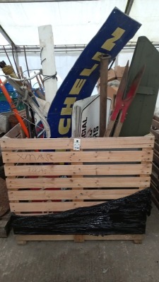 FULL WOODEN CAGE TO CONTAIN MICHELIN SIGN , SNOWBOARD , KAYAK PADDLE , BIKE ( NO FRONT WHEEL ) , SHOVELS , WHEELS , CURTIS MOTORBIKE FULL LEATHERS , EXHAUST MUFFLER AND VARIOUS OTHER SIGNS AND OTHER METAL COMPONENTS