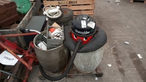 FULL PALLET CONTAINING NUMATIC HENRY HOOVER , VARIOUS WHEELS WITH TYRES , METAL DRAIN COVER , FLOWER POTS , CASTOR WHEELS AND 2 BINS FULL OF MECHANIC/ DIY COMPONENTS