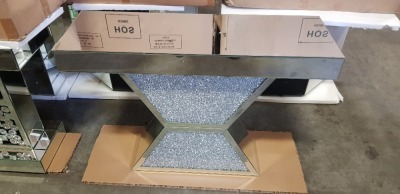 1 X DIAMOND CRUSH ORION CONSOLE TABLE (110X35X80CM) (44KG) - WITH BOX - SLIGHT MIRROR CORROSION ** NOTE: THESE ITEMS ARE TO BE COLLECTED IN PERSON ONLY WITH PORTERS ASSISTANCE - THEY ARE TOO FRAGILE FOR 3RD PARTY CARRIAGE - WE WILL NOT BE RESPONSIBLE FOR