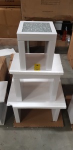 1 X WHITE MIRROR CRUSH NEST OF 3 TABLES (55X30.5X45CM) (40KG) - WITH BOX ** NOTE: THESE ITEMS ARE TO BE COLLECTED IN PERSON ONLY WITH PORTERS ASSISTANCE - THEY ARE TOO FRAGILE FOR 3RD PARTY CARRIAGE - WE WILL NOT BE RESPONSIBLE FOR DAMAGES OCCURRING AFTER