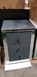 1 X PREMIUM GREY MIRRORED 3 DRAWER BEDSIDE TABLE (44X44X65CM) (34KG) - WITH BOXES ** NOTE: THESE ITEMS ARE TO BE COLLECTED IN PERSON ONLY WITH PORTERS ASSISTANCE - THEY ARE TOO FRAGILE FOR 3RD PARTY CARRIAGE - WE WILL NOT BE RESPONSIBLE FOR DAMAGES OCCURR