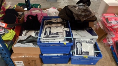 100 + PIECE MIXED WORK CLOTHING LOT CONTAINING HAZARD PROTECTION COVERALLS, BLACK AND PINK BAGS, REUSABLE FACE MASKS AND VARIOUS BACKPACKS ETC (PLEASE NOTE SOME ITEMS MAY BE CUSTOMER BRANDED)
