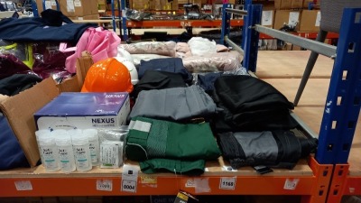 35 + PIECE MIXED WORK CLOTHING LOT CONTAINING WORK PANTS IN VARIOUS STYLES AND SIZES, HELMETS,ACT CARE HAND GEL AND ALCOHOL FREE WET WIPES ETC (PLEASE NOTE SOME ITEMS MAY BE CUSTOMER BRANDED)