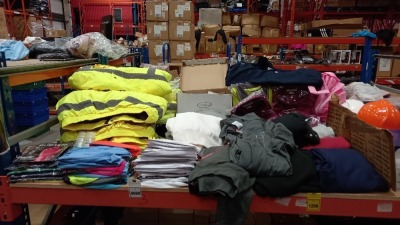 60 + PIECE MIXED WORK CLOTHING LOT CONTAINING HIGH VISIBILITY JACKETS, WORK GLOVES, VARIOUS SNOODES, WORK JACKETS AND JUMPERS AND SHIRTS, T SHIRTS AND OVERALLS ETC (PLEASE NOTE SOME ITEMS MAY BE CUSTOMER BRANDED)