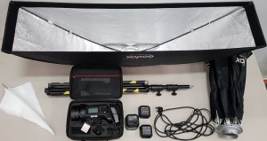 GODOX AD400 PRO STUDIO LIGHTING SET CONSISTING OF FLASH UNIT, CHARGER & CABLES IN A CASE, TRIPOD, BACK UMBRELLAS / SHADES, BACK CANOPY (4FT X 1FT)