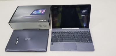 2 X ASUS TRANSFORMER T100 NOTEBOOK PCS - 1 WITH ORIGINAL BOX (NEVER ACTIVITED AS NEW) & 1 NO BOX (DATA WIPED) - NO CHARGERS