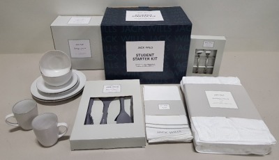 2 X BRAND NEW JACK WILLS STUDENT 25 PC STARTER KITS EACH COMPRISING :- BATH TOWEL, HAND TOWEL, 2 X TEA TOWELS, 8 PC CROCKERY SET, 8 PC CUTLERY SET & 4 X COOKING UTENSILS WITH CHOPPING BOARD