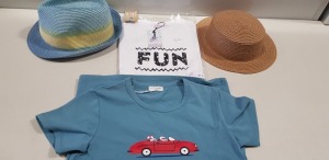 40 PIECE MIXED HAPPYOLOGY AND LENNIE & CO CLOTHING LOT CONTAINING DONUT T SHIRTS, SAILING T SHIRT, FUN T SHIRT AND STRAW SUNHATS IN VARIOUS COLOURS ETC