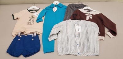 30 PIECE MIXED HAPPYOLOGY BABY CLOTHING LOT CONTAINING GLENN ALMOND T SHIRT, ERIN CHOCOLATE JUMPER, NOAH GREY CULLOTES AND ALAKAZAM JOGGERS ETC