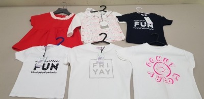 31 PIECE MIXED HAPPYOLOGY AND LENNIE & CO BABY CLOTHING LOT CONTAINING FRI YAY T SHIRTS, FUN T SHIRTS AND HAPPYOLOGY BLOUSES ETC