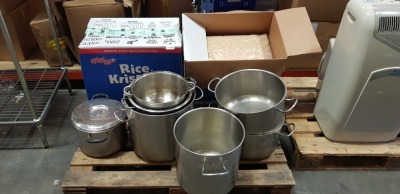 9 PIECE LOT CONTAINING 2 X LARGE BOXES OF RICE KRISPIES AND VARIOUS STAINLESS STEEL POTS - ON ONE PALLET