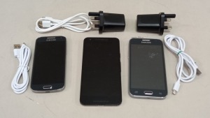 3 X MOBILE PHONES - SAMSUNG S4 MINI 8GB, SAMSUNG 8GB SMARTPHONE, LG NEXUS 5X SMARTPHONE - ALL WITH CHARGERS