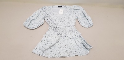 20 X BRAND NEW LORNA LUXE BLUE (LINEN FEEL WRAP PUFF) FLORAL SLEEVED DRESS - IN VARIOUS SIZES