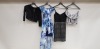 4 PIECE MIXED LOT TO INCLUDE, QUIZ BLUE/LILAC FLOWER DRESS, QUIZ BLACK/GREY DRESS, QUIZ VELVET GREY CROP TOP AND QUIZ BLACK FLORAL SEE THROUGH TOP