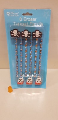 144 X BRAND NEW HOME COLLECTION PACKS OFF 6 ERASER TOPPPED PIRATE PENCILS IN TWO STYLES (IN 6 BOXES)